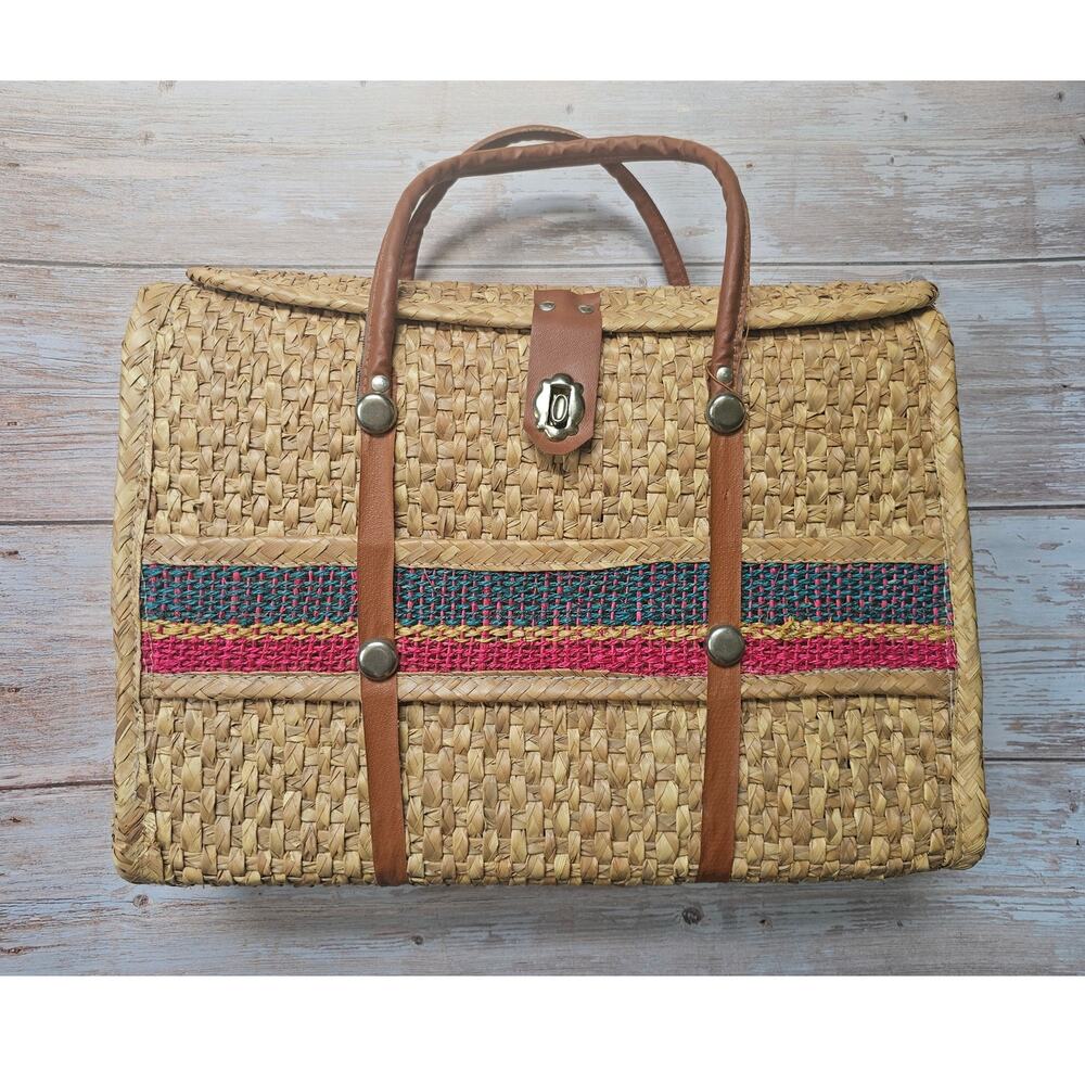 Vintage Structured Straw Box Bag Turn Lock Colorblock Stripe Handbag 11x15in